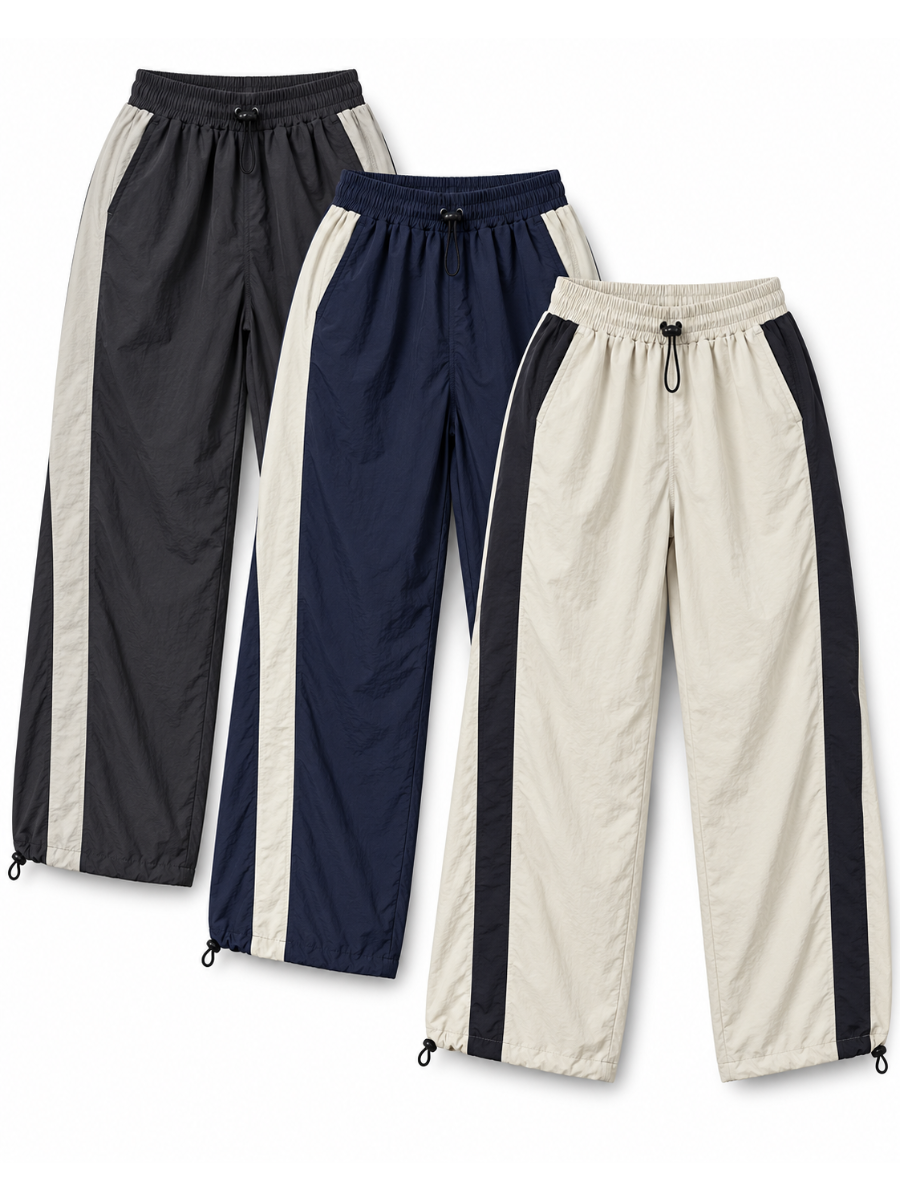 PACK 3 PANTALÓN BAGGY PARACHUTE MUJER STREETWEAR OVERSIZE AURA GRIS AZUL HUESO - 1