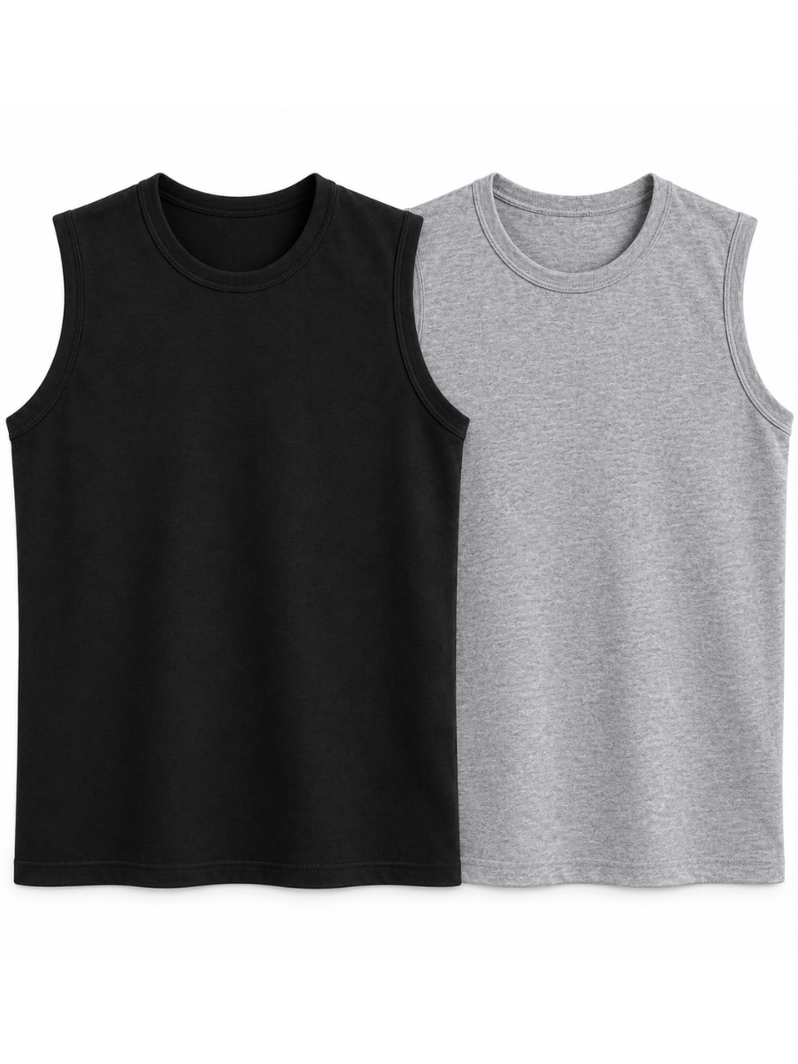 PACK 2 POLO SLIM FIT MANGA CERO HOMBRE BÁSICO ALGODÓN MUSCLE TEE NEGRO GRIS MELANGE - 1