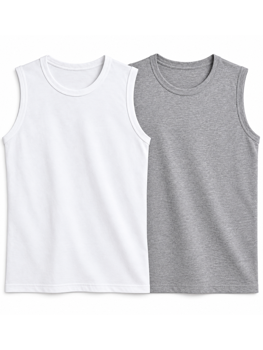 PACK 2 POLO SLIM FIT MANGA CERO HOMBRE BÁSICO ALGODÓN MUSCLE TEE BLANCO GRIS MELANGE - 1