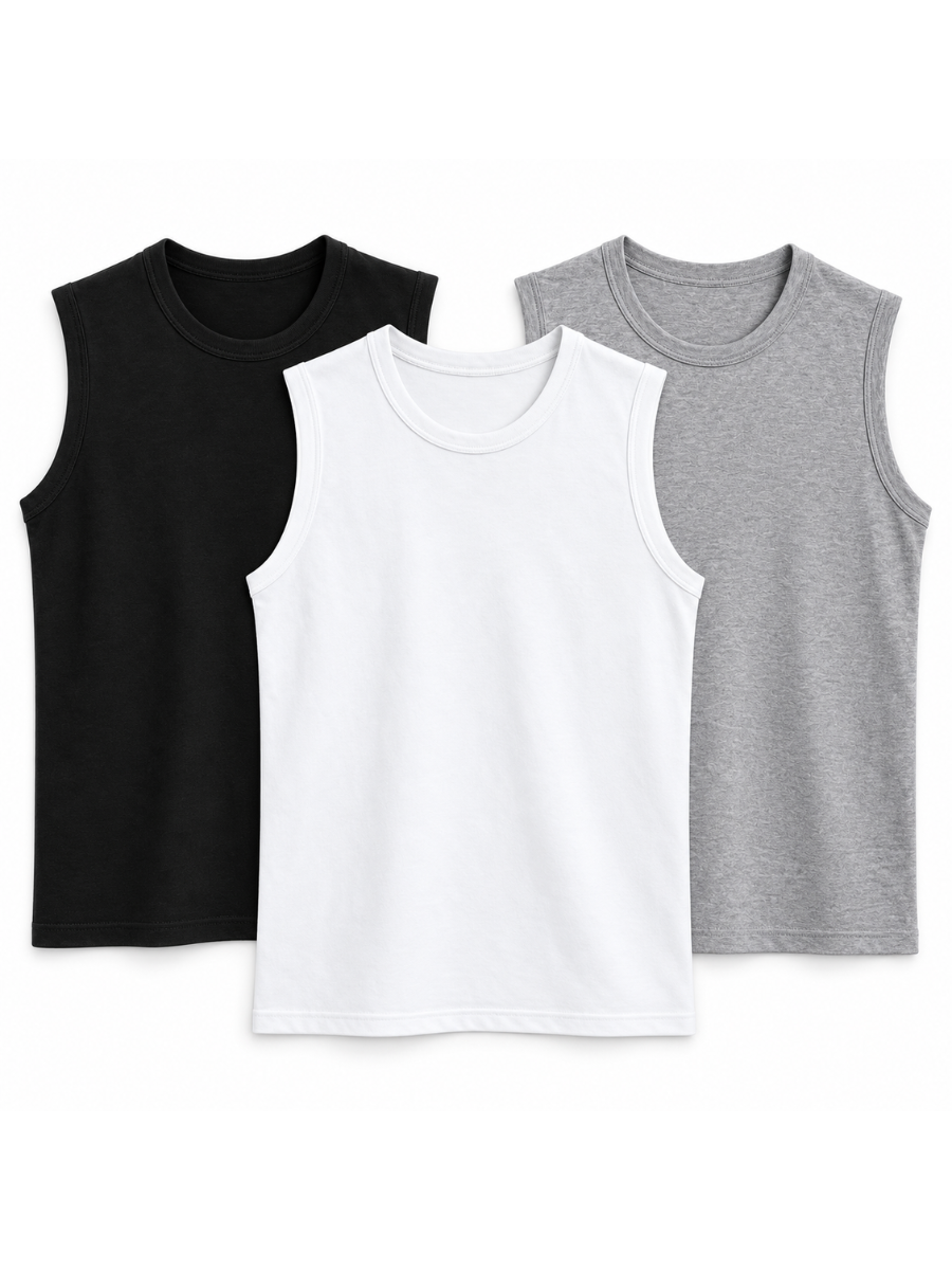 PACK 3 POLO SLIM FIT MANGA CERO HOMBRE BÁSICO ALGODÓN MUSCLE TEE NEGRO BLANCO GRIS MELANGE - 1