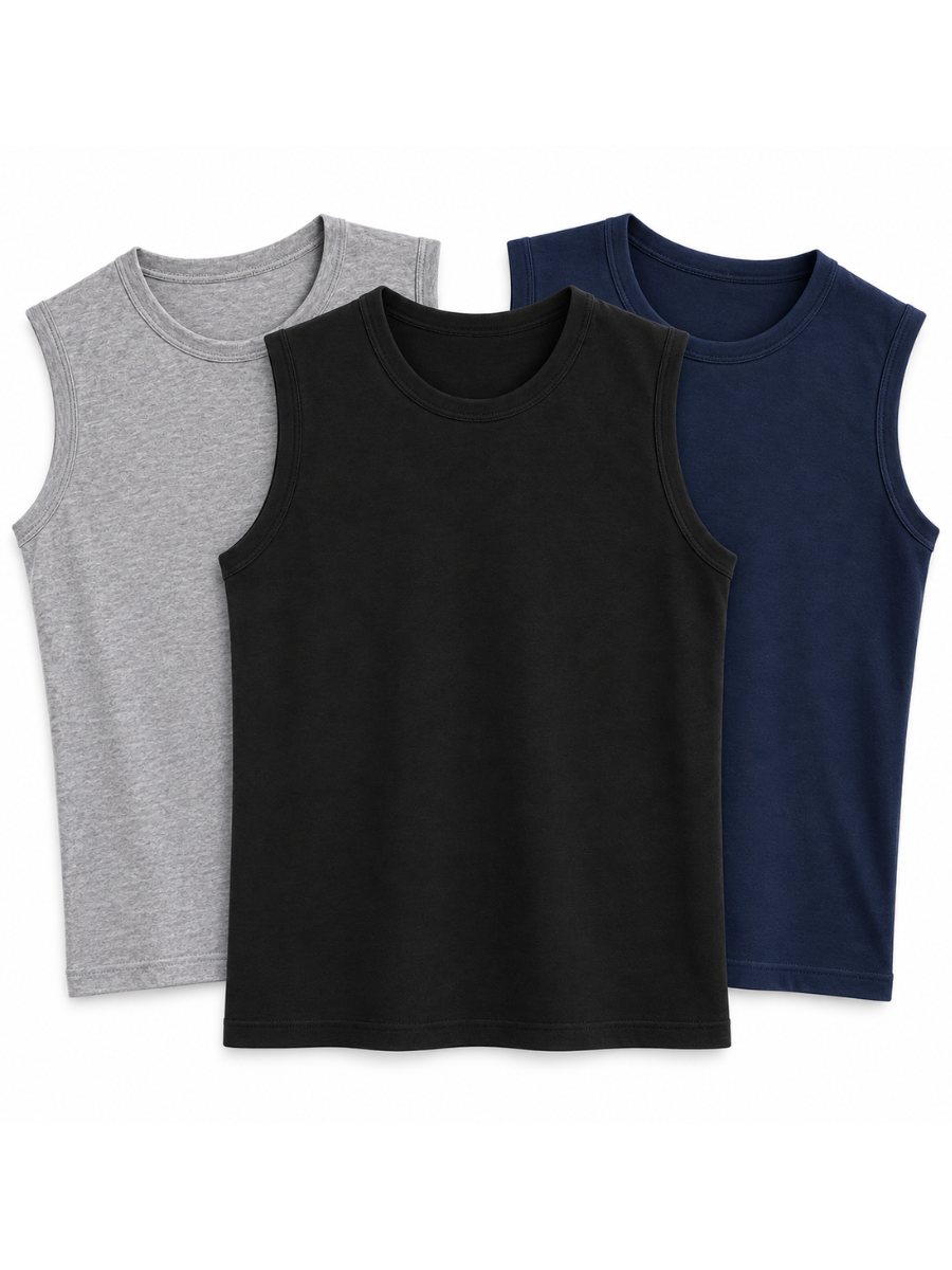 PACK 3 POLO SLIM FIT MANGA CERO HOMBRE BÁSICO ALGODÓN MUSCLE TEE NEGRO GRIS MELANGE AZUL MARINO - 1