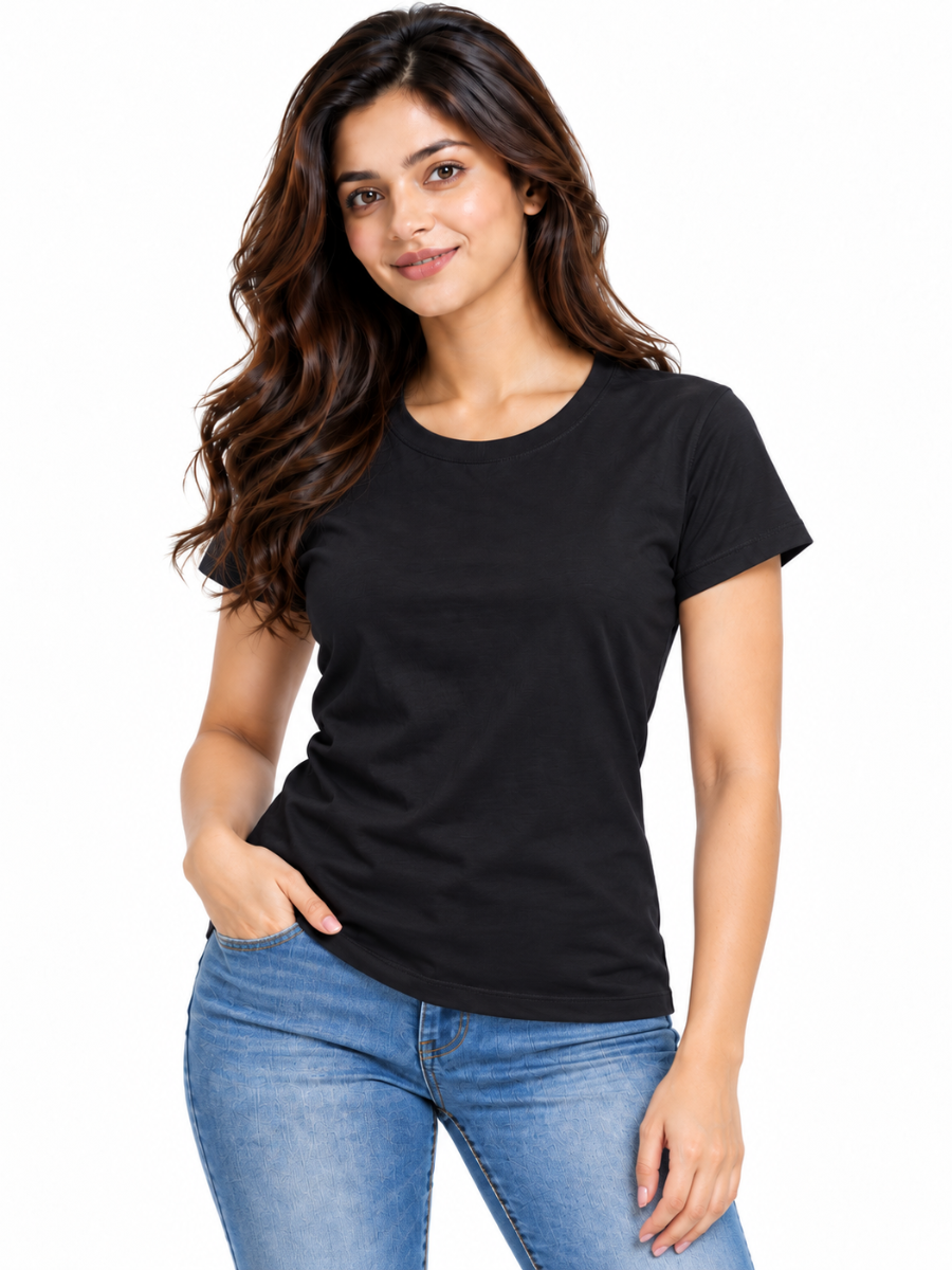 POLO BÁSICO MUJER CUELLO REDONDO ALGODÓN NEGRO - 1