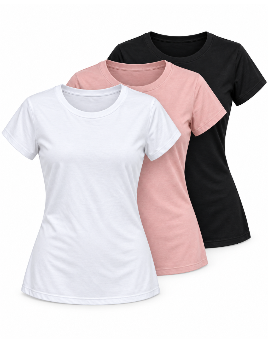 PACK 3 POLO BÁSICO MUJER CUELLO REDONDO ALGODÓN BLANCO PALO ROSA NEGRO - 1