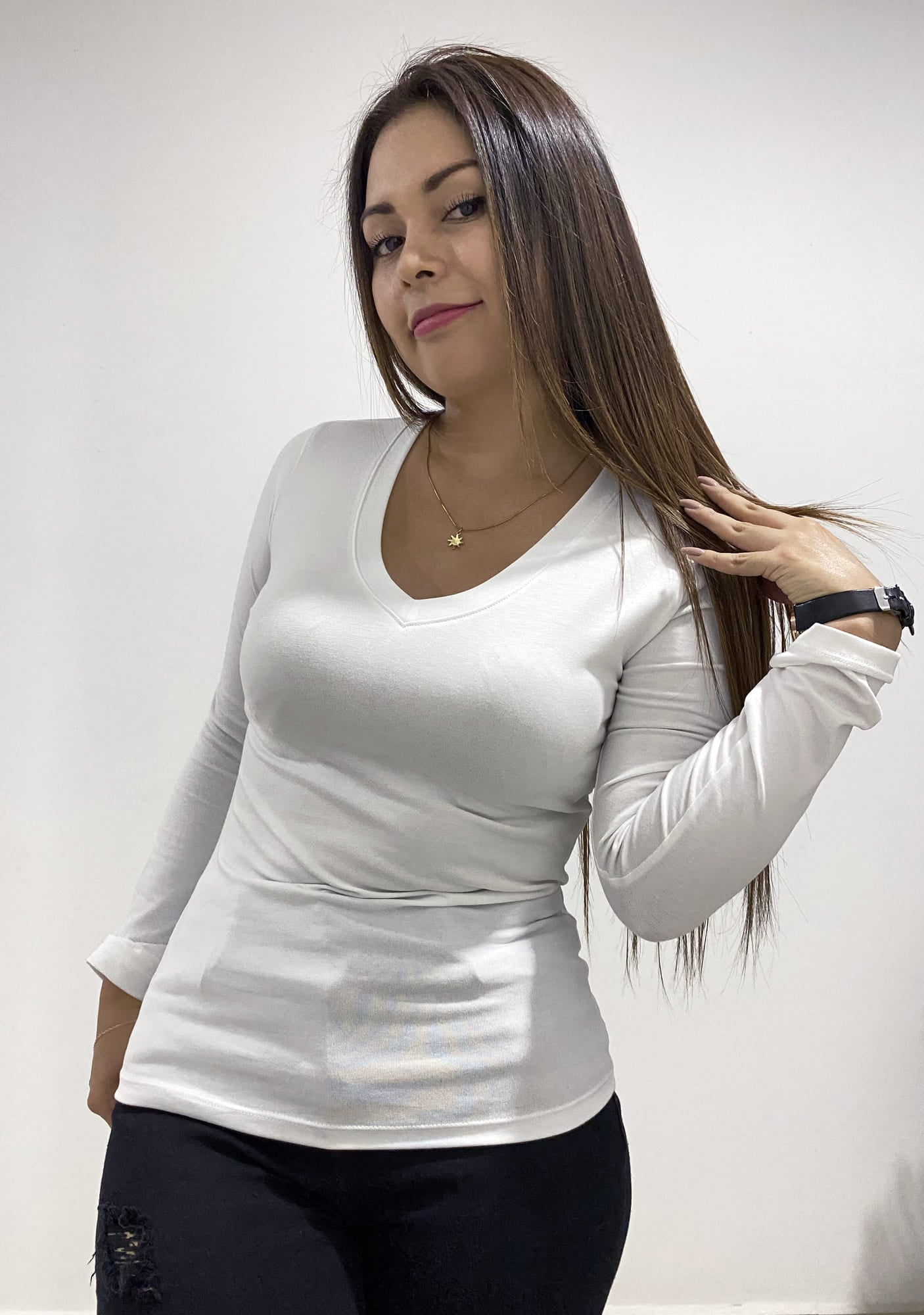 POLO MANGA LARGA ALGODÓN FULL LICRA PEINADO PARA MUJER SIDE OF ME CUELLO V - 1