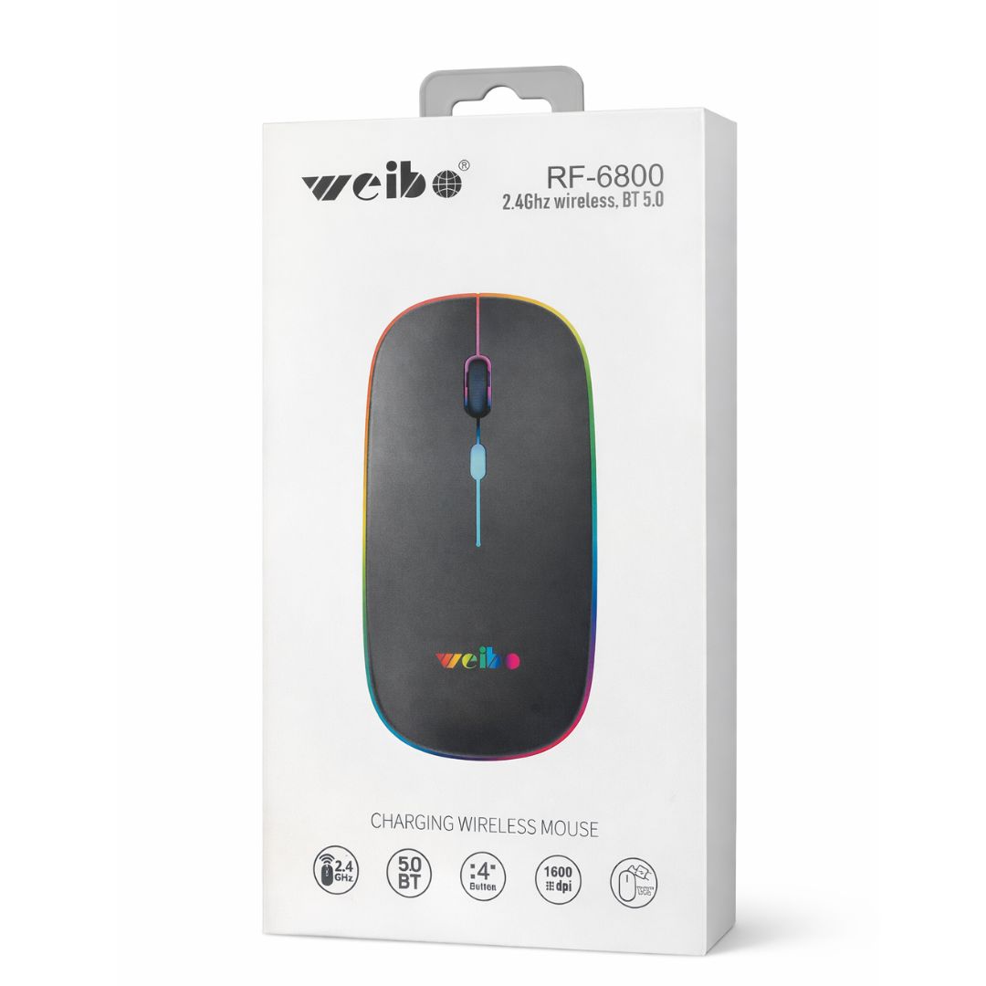 MOUSE INALÁMBRICO RECARGABLE WEIBO RF-6800 BLUETOOTH 5.0 + 2.4GHZ RGB - 2