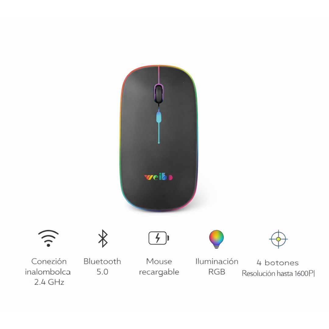 MOUSE INALÁMBRICO RECARGABLE WEIBO RF-6800 BLUETOOTH 5.0 + 2.4GHZ RGB - 3