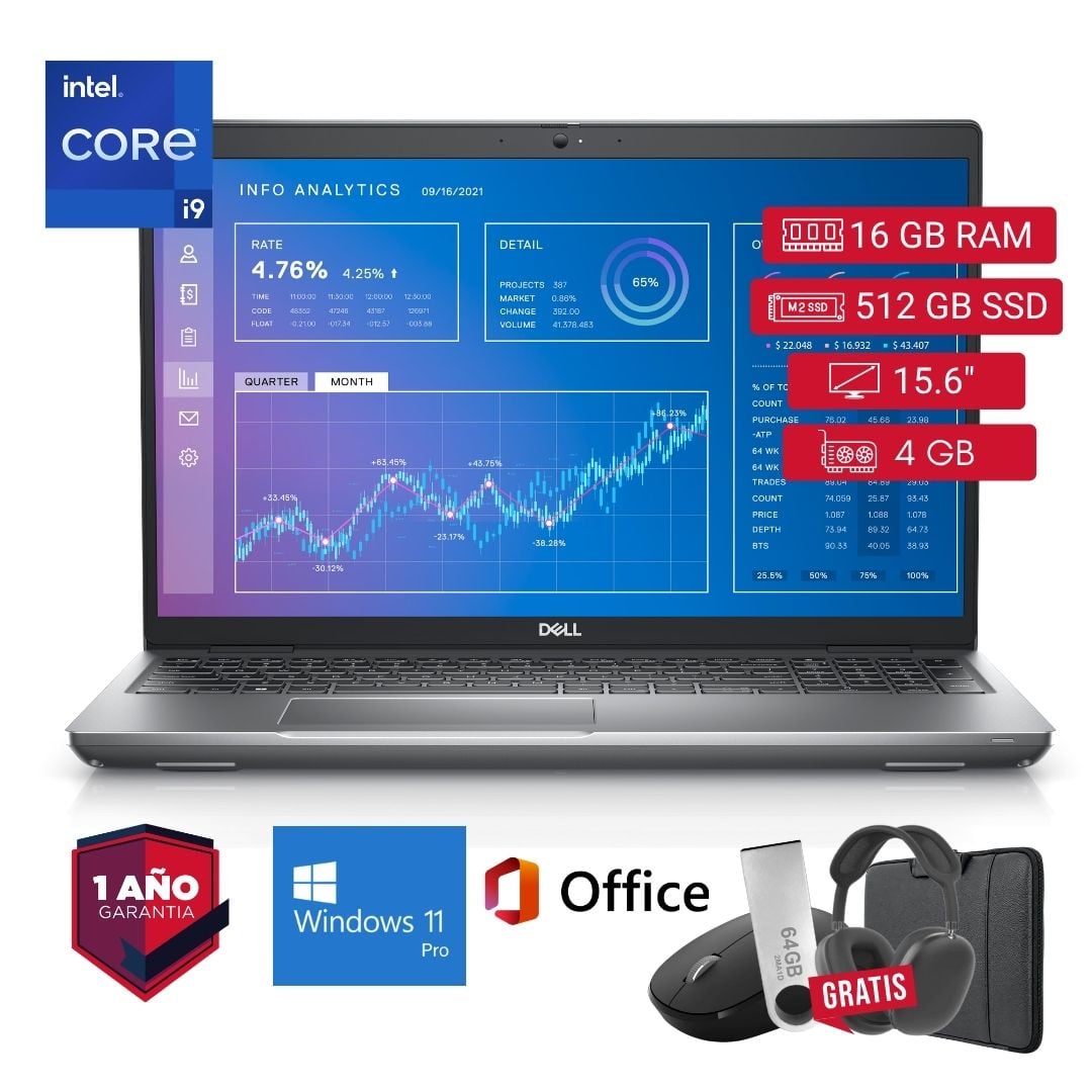 LAPTOP SEMI NUEVA DELL PRECISION 3571 CORE I9 11VA 16GB RAM 512GB SSD 4GB VIDEO 15.6' + MOUSE + FUNDA + USB 64 GB + AUDÍFONOS - 1