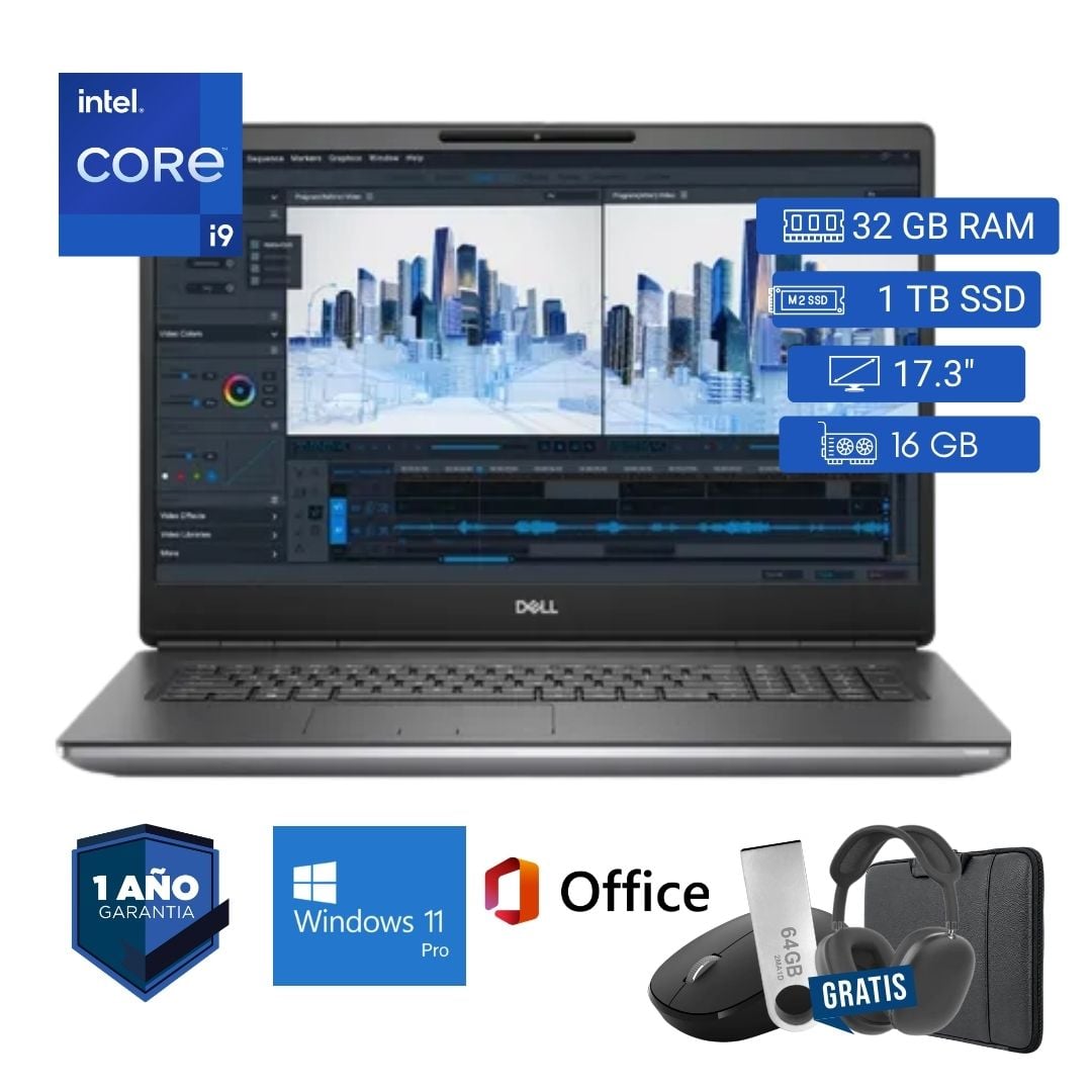 LAPTOP SEMI NUEVA DELL PRECISION 7760 CORE I9 11VA 32GB RAM 1TB SSD 16GB VIDEO 17.3' + MOUSE + FUNDA + USB 64 GB + AUDÍFONOS - 1