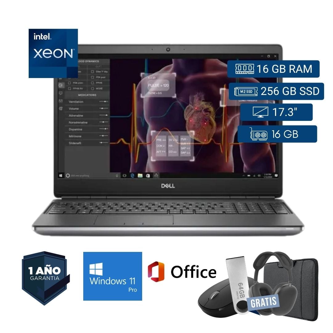 LAPTOP SEMI NUEVA DELL PRECISION 7750 XEON 16GB RAM 256GB SSD 16GB VIDEO 17.3' + MOUSE + FUNDA + USB 64 GB + AUDÍFONOS - 1