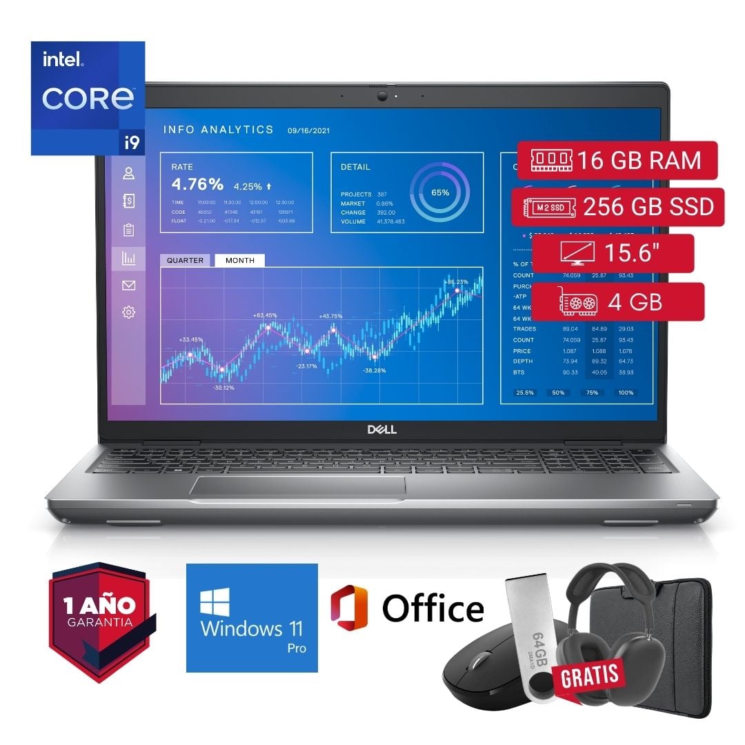 LAPTOP SEMI NUEVA DELL PRECISION 3571 CORE I9 11VA 16GB RAM 256GB SSD 4GB VIDEO 15.6' + MOUSE + FUNDA + USB 64 GB + AUDÍFONOS - 1