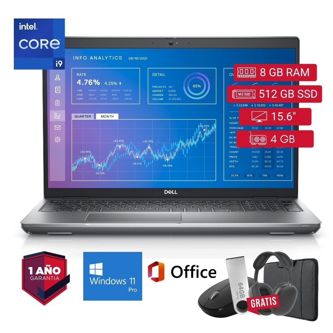 LAPTOP SEMI NUEVA DELL PRECISION 3571 CORE I9 11VA 8GB RAM 512GB SSD 4GB VIDEO 15.6' + MOUSE + FUNDA + USB 64 GB + AUDÍFONOS - 1