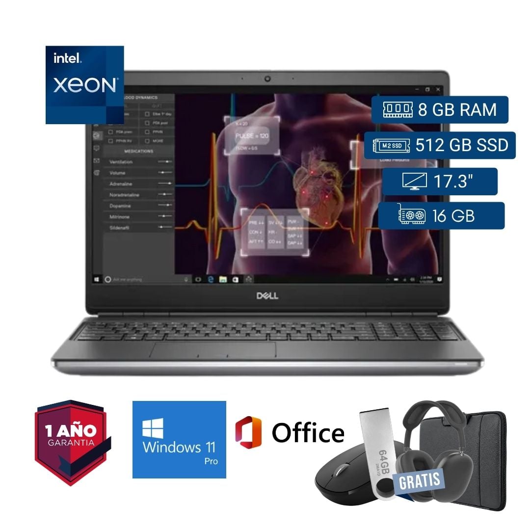 LAPTOP SEMI NUEVA DELL PRECISION 7750 XEON 8GB RAM 512GB SSD 16GB VIDEO 17.3' + MOUSE + FUNDA + USB 64 GB + AUDÍFONOS - 1