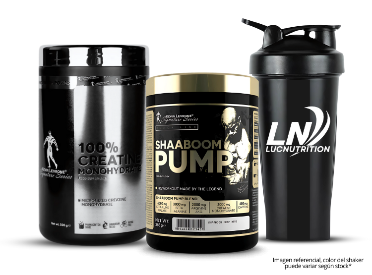 PACK CREATINA KEVIN LEVRONE 500 GR + SHAABOOM PUMP 44 SERVICIOS FRUIT PUNCH + SHAKER - 1