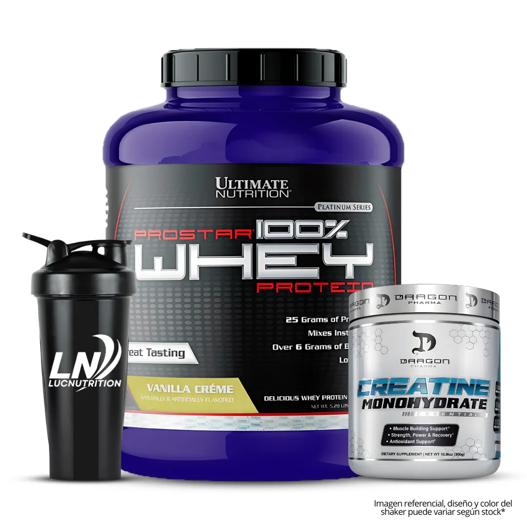 PROSTAR 100 % WHEY 5 LB - VAINILLA CREMA + CREATINA DRAGON PHARMA 300 G + SHAKER - 1