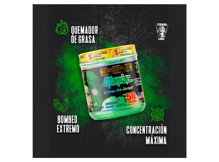 MANIAC EXTREME PRE-WORKOUT 30 SERVICIOS - GREEN APPLE / TERROR LABZ - 2