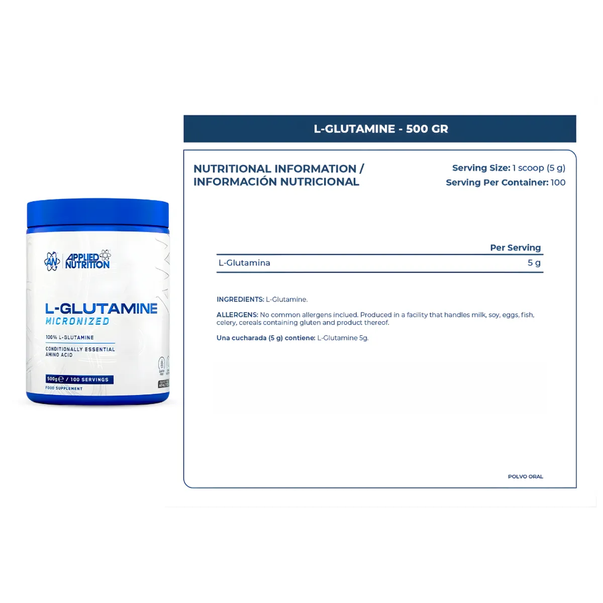 L - GLUTAMINA APPLIED NUTRITION 500 G / L-GLUTAMINA POWDER - SIN SABOR - 2