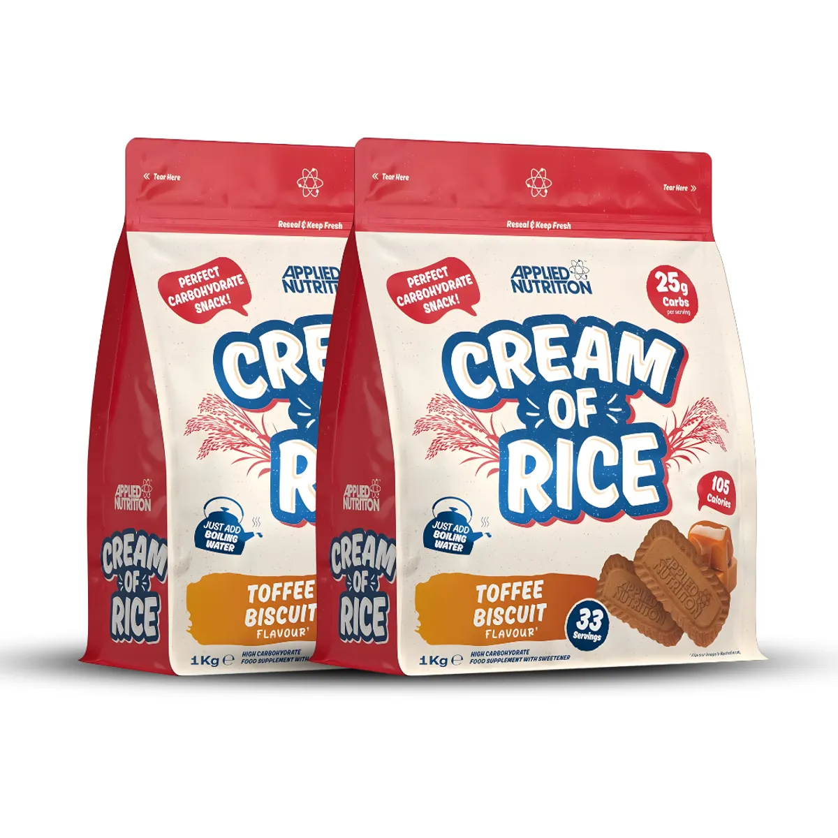 PACK X 02 - CREMA DE ARROZ APPLIED NUTRITION 1 KG CREAM OF RICE - TOFFEE BISCUIT - 1