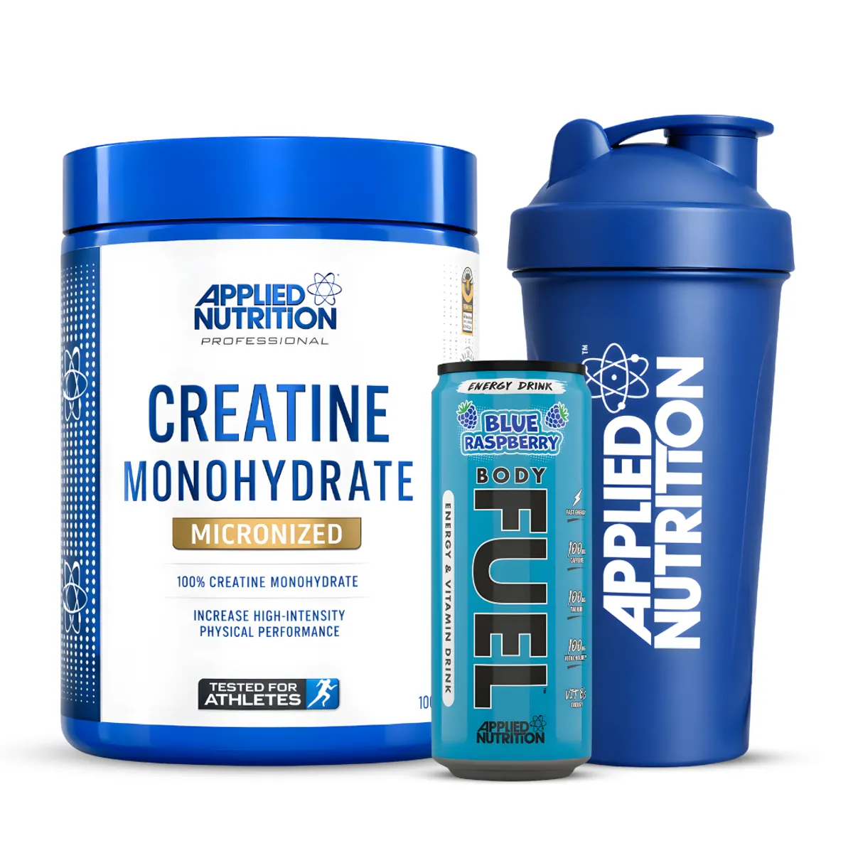 CREATINA APPLIED NUTRITION 500 G + SHAKER AZUL APPLIED NUTRITION + 1 UND LATA BODY FUEL - 1