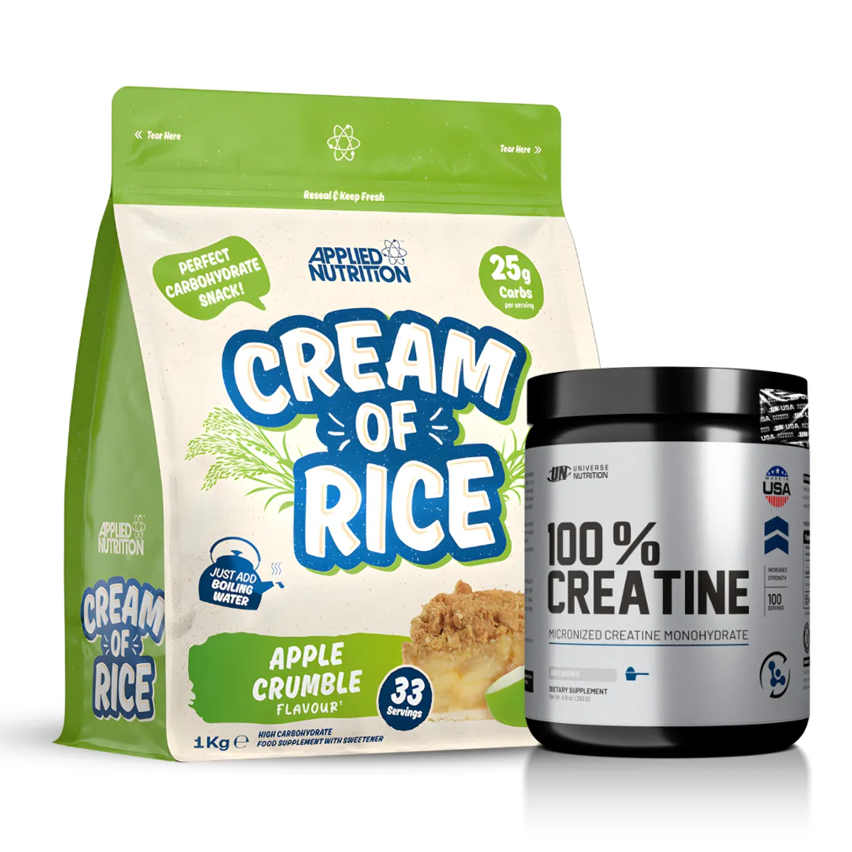 CREMA DE ARROZ APPLIED NUTRITION 1 KG - APPLE CRUMBLE + CREATINA UNIVERSE NUTRITION 250 G - 1