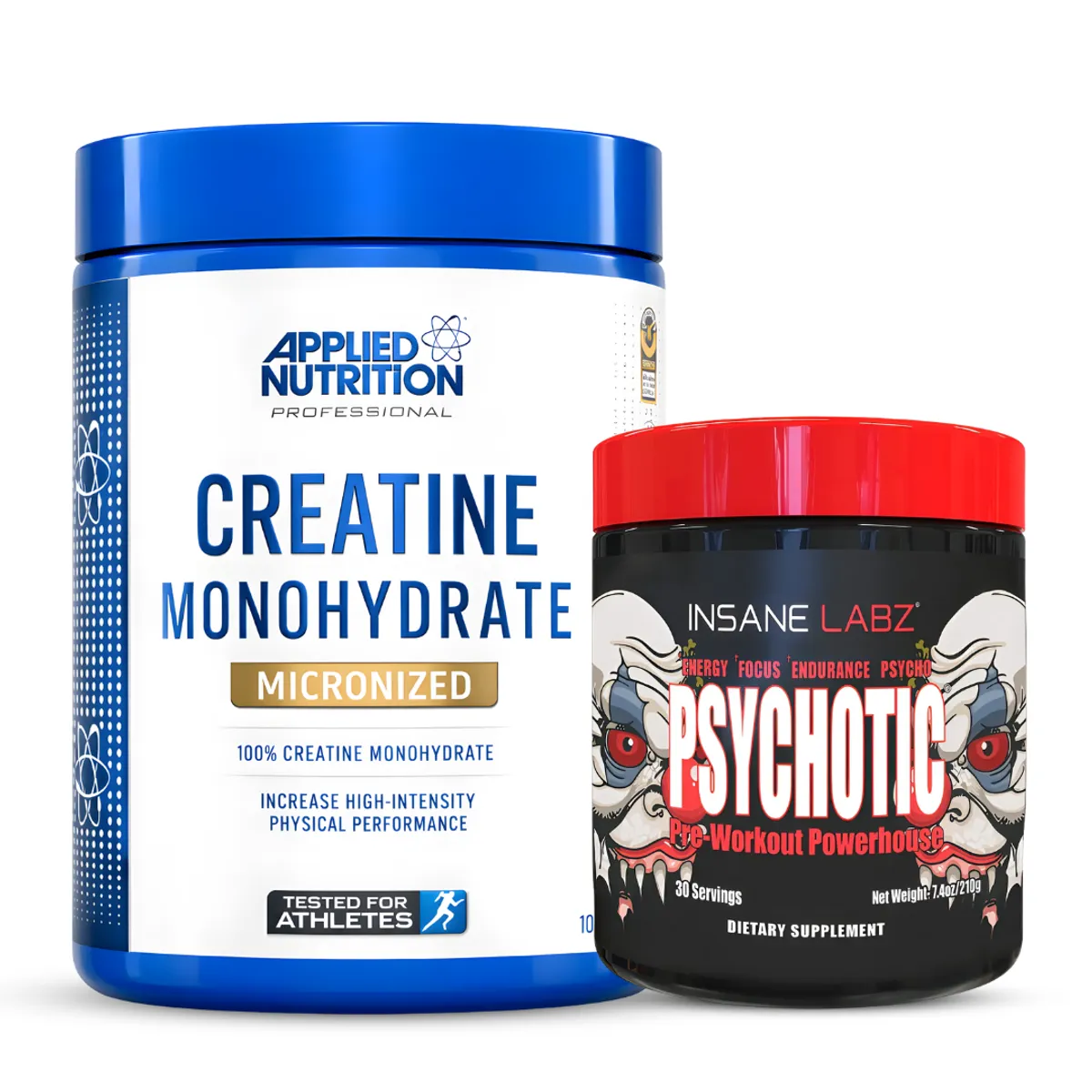 CREATINA APPLIED NUTRITION 500 G + PRE-ENTRENO PSYCHOTIC ROJO 30 SERV - GRAPE - 1