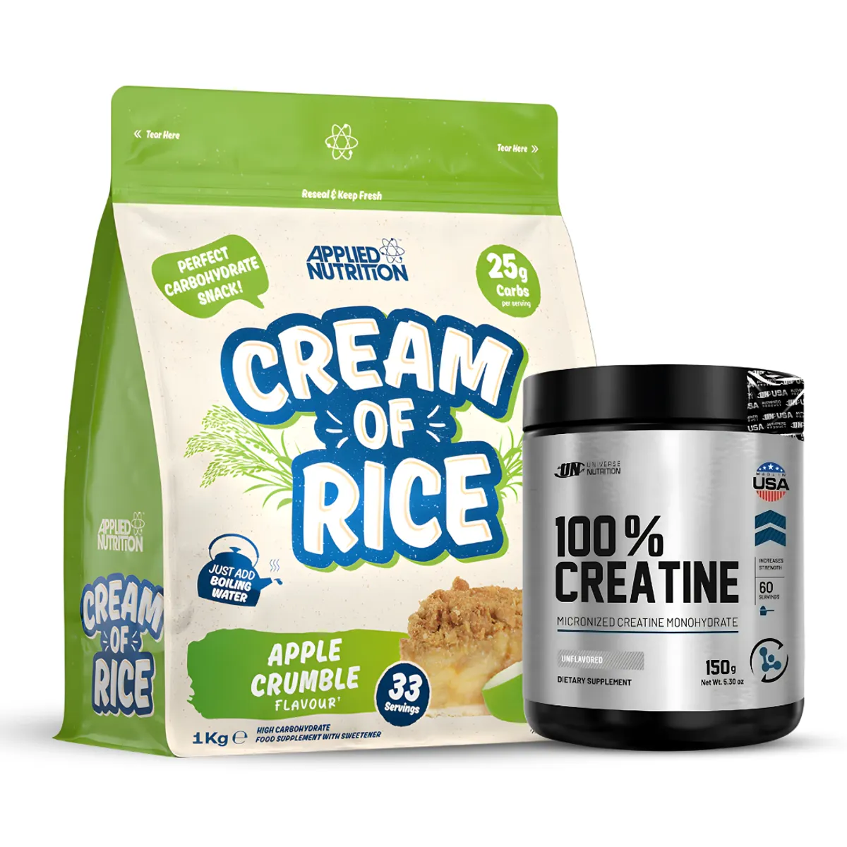 CREMA DE ARROZ APPLIED NUTRITION 1 KG - APPLE CRUMBLE + CREATINA UNIVERSE NUTRITION 150 G - 1