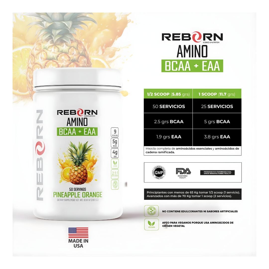 EAA REBORN / AMINO REBORN BCAA+ EAA 50 SERVICIOS - PINEAPPLE ORANGE - 2