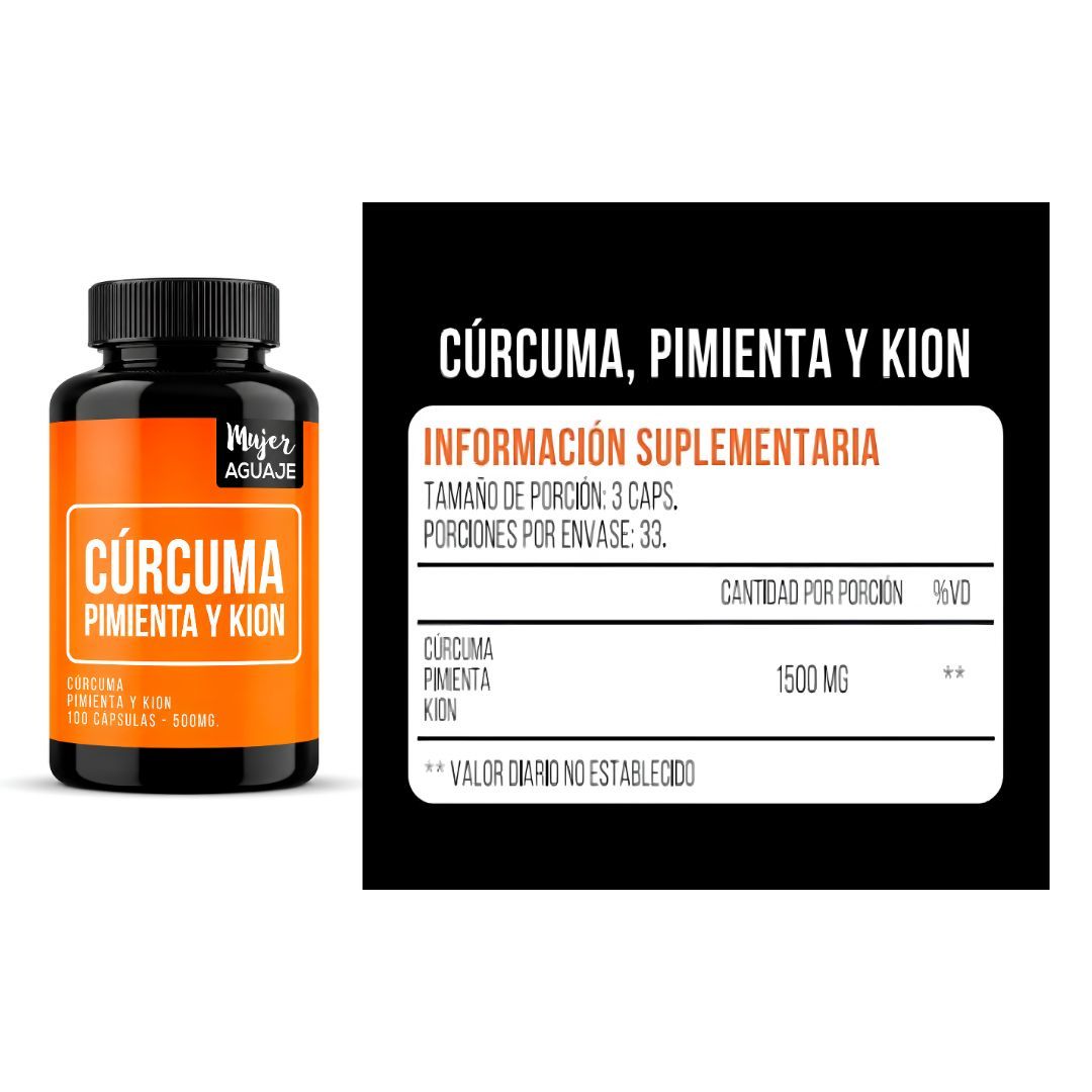 CÁPSULAS DE CÚRCUMA, PIMIENTA Y KION 500 MG DE MUJER AGUAJE - 100 CAPSULAS + SHAKER - 2