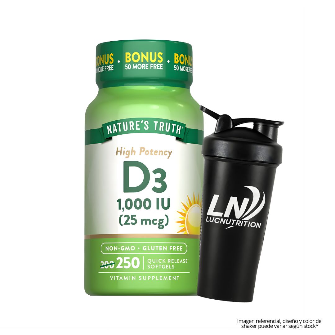 VITAMINA D3 1000 IU 25 MCG NATURE'S TRUTH - 250 CÁPSULAS + SHAKER - 1