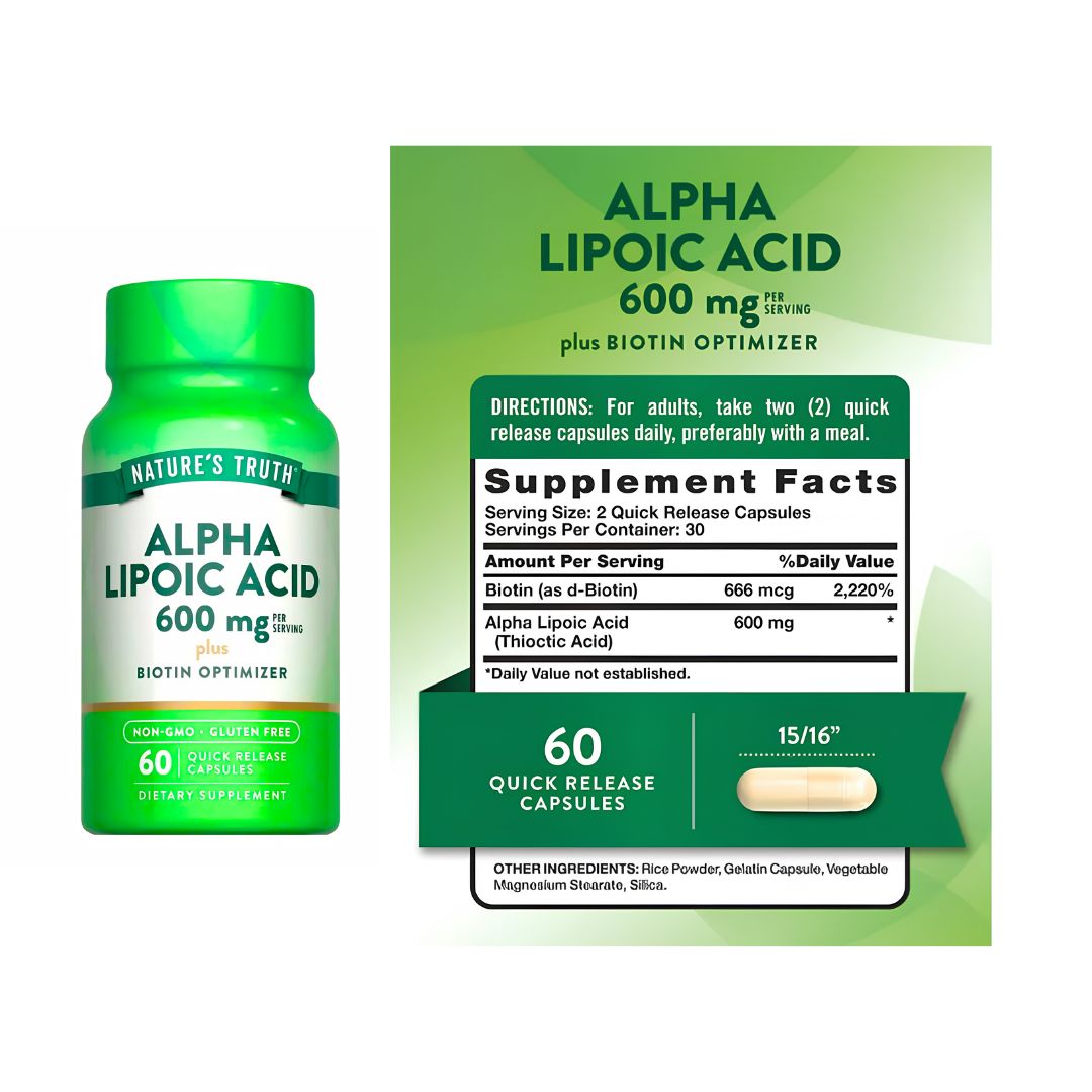 ALPHA LIPOIC ACID NATURE'S TRUTH 600 MG + BIOTINA - 60 CÁPSULAS + SHAKER - 3
