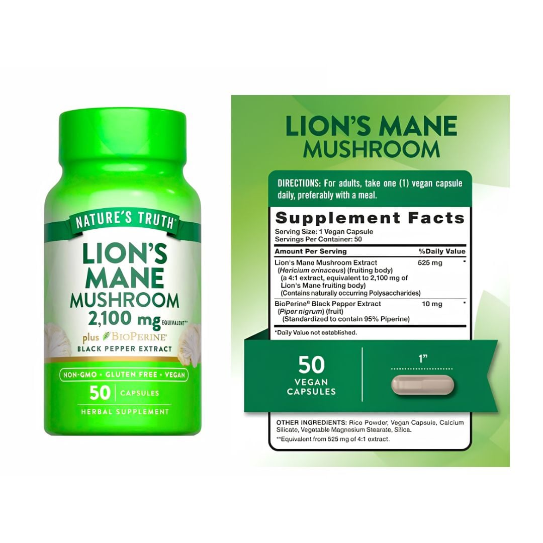 LION'S MANE MUSHROOM 2100 MG / MELENA DE LEON NATURE'S TRUTH - 50 CÁPSULAS - 2