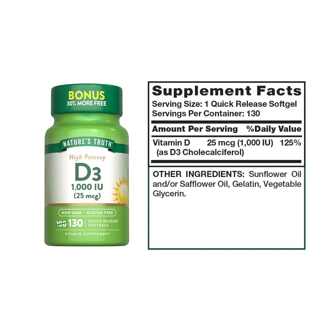 PACK X 02 - VITAMINA D3 1000 IU 25 MCG NATURE'S TRUTH - 130 CÁPSULAS - 4