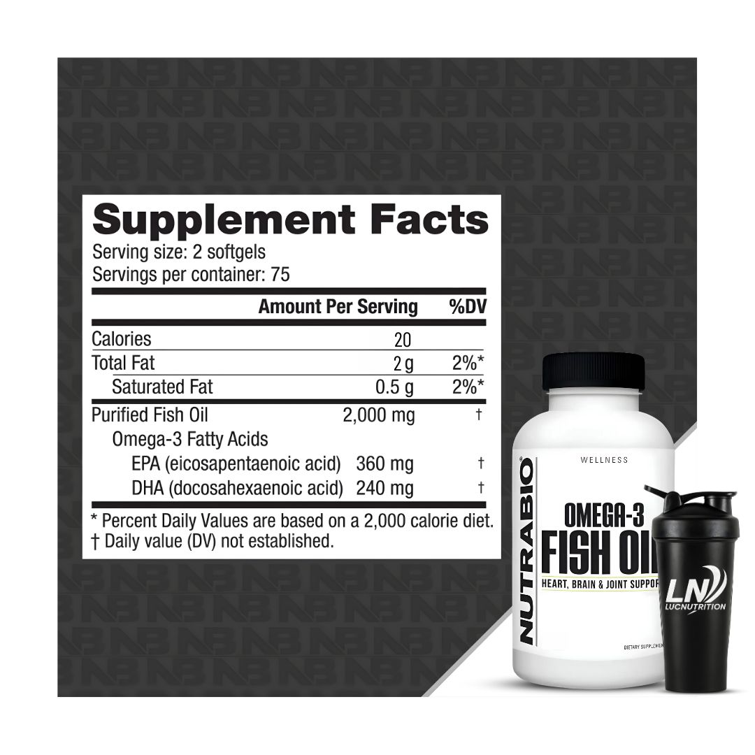 ACEITE DE PESCADO - FISH OIL OMEGA 3 NUTRABIO - 150 CÁPSULAS + PORTAPROTEINA - 3