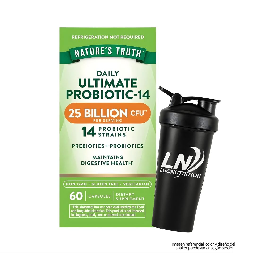 PREBIÓTICOS + PROBIÓTICOS 25 MIL MILLONES CFU - 60 CÁPSULAS - NATURE'S TRUTH + SHAKER - 1