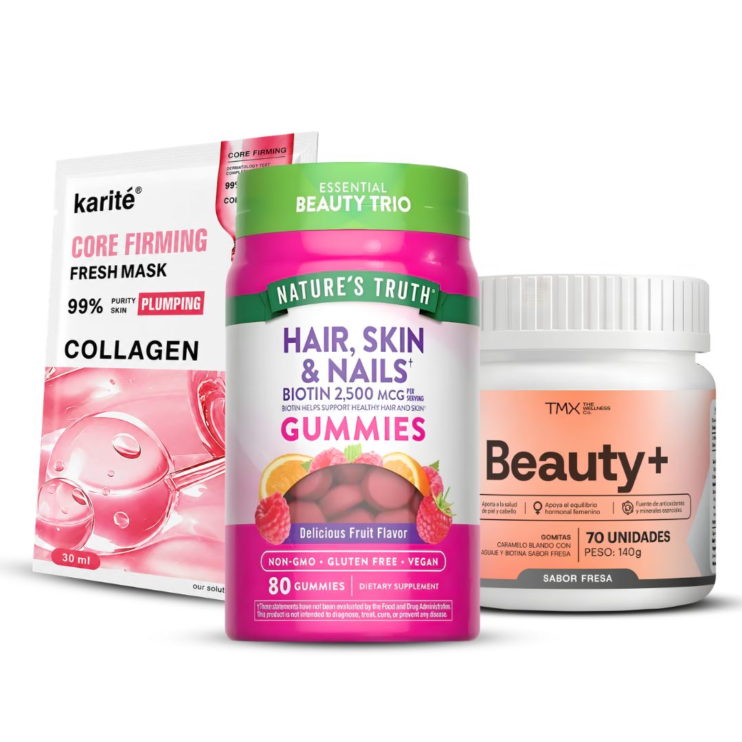 HAIR, SKIN Y NAILS NATURE'S TRUTH / BIOTINA 2500 MCG 80 UND + BEAUTY+ TMX 70 GOMITAS + MASCARILLA FACIAL CON COLAGENO - 1