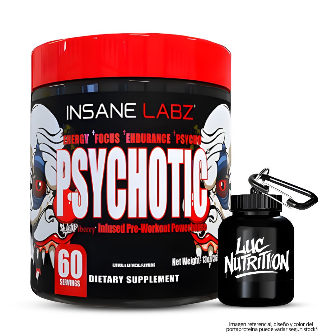 PRE-ENTRENO PSYCHOTIC ROJO 60 SERVICIOS - FRUIT PUNCH + PORTAPROTEINA - 1