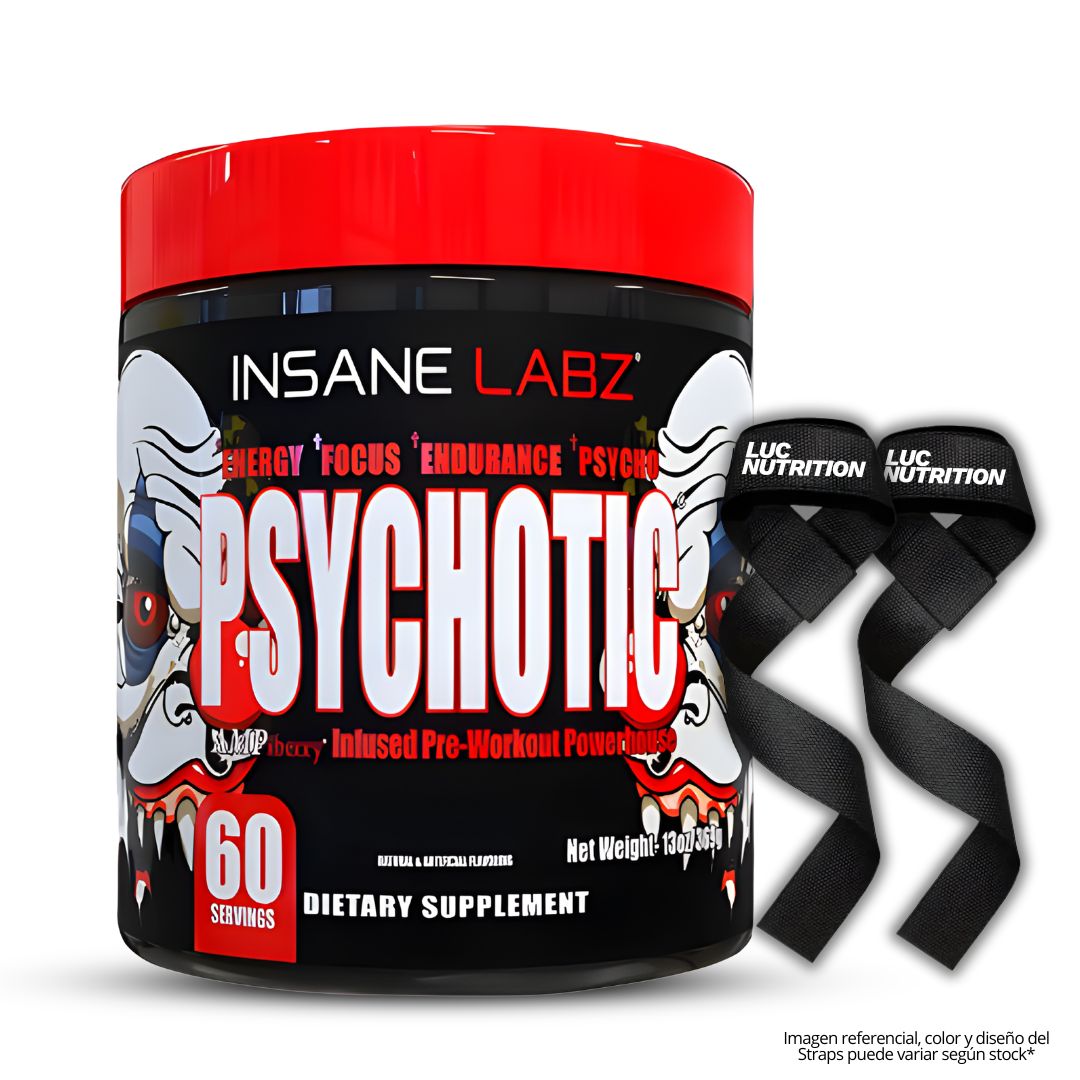 PRE-ENTRENO PSYCHOTIC ROJO 60 SERVICIOS - WATERMELON + STRAPS - 1