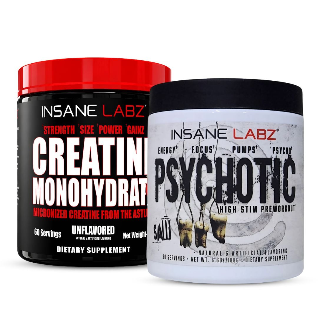CREATINA INSANE LABZ 300 G + PRE-ENTRENO PSYCHOTIC SAW 30 SERVICIOS - GRAPE - 1