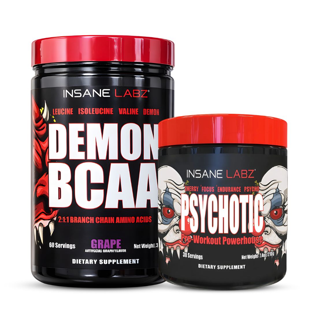 PRE-ENTRENO PSYCHOTIC ROJO 30 SERV - FRUIT PUNCH + DEMON BCAA / ANMINOÁCIDOS 60 SERV - GRAPE - 1