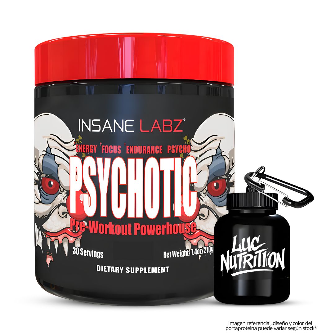 PRE-ENTRENO PSYCHOTIC ROJO 30 SERVICIOS - GRAPE (PSYCHOTIC RED) + PORTAPROTEINA - 1