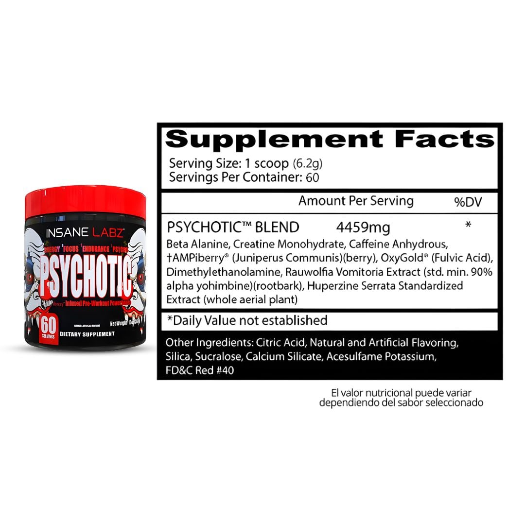 PRE-ENTRENO PSYCHOTIC ROJO 60 SERVICIOS - FRUIT PUNCH + SHAKER - 2