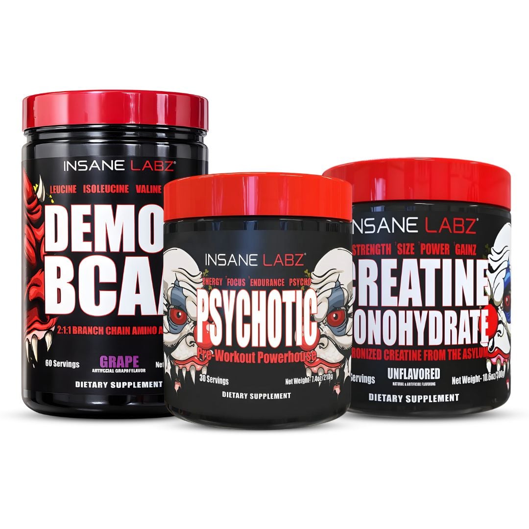 CREATINA INSANE LABZ 300 G + PSYCHOTIC ROJO 30 SERV GRAPE + DEMON BCAA / ANMINOÁCIDOS 60 SERV - GRAPE - 1