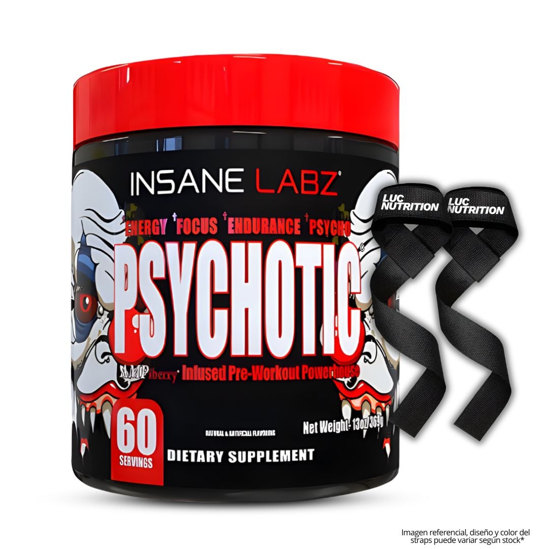 PRE-ENTRENO PSYCHOTIC ROJO 60 SERVICIOS - FRUIT PUNCH + STRAPS - 1