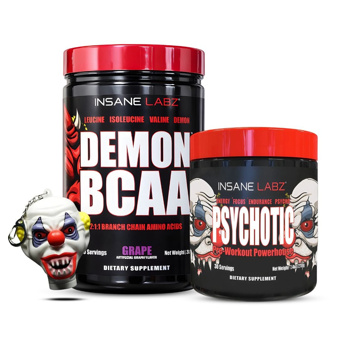 PSYCHOTIC ROJO 30 SERV - GRAPE + DEMON BCAA / ANMINOÁCIDOS 60 SERV GRAPE + LLAVERO INSANE LABZ - 1