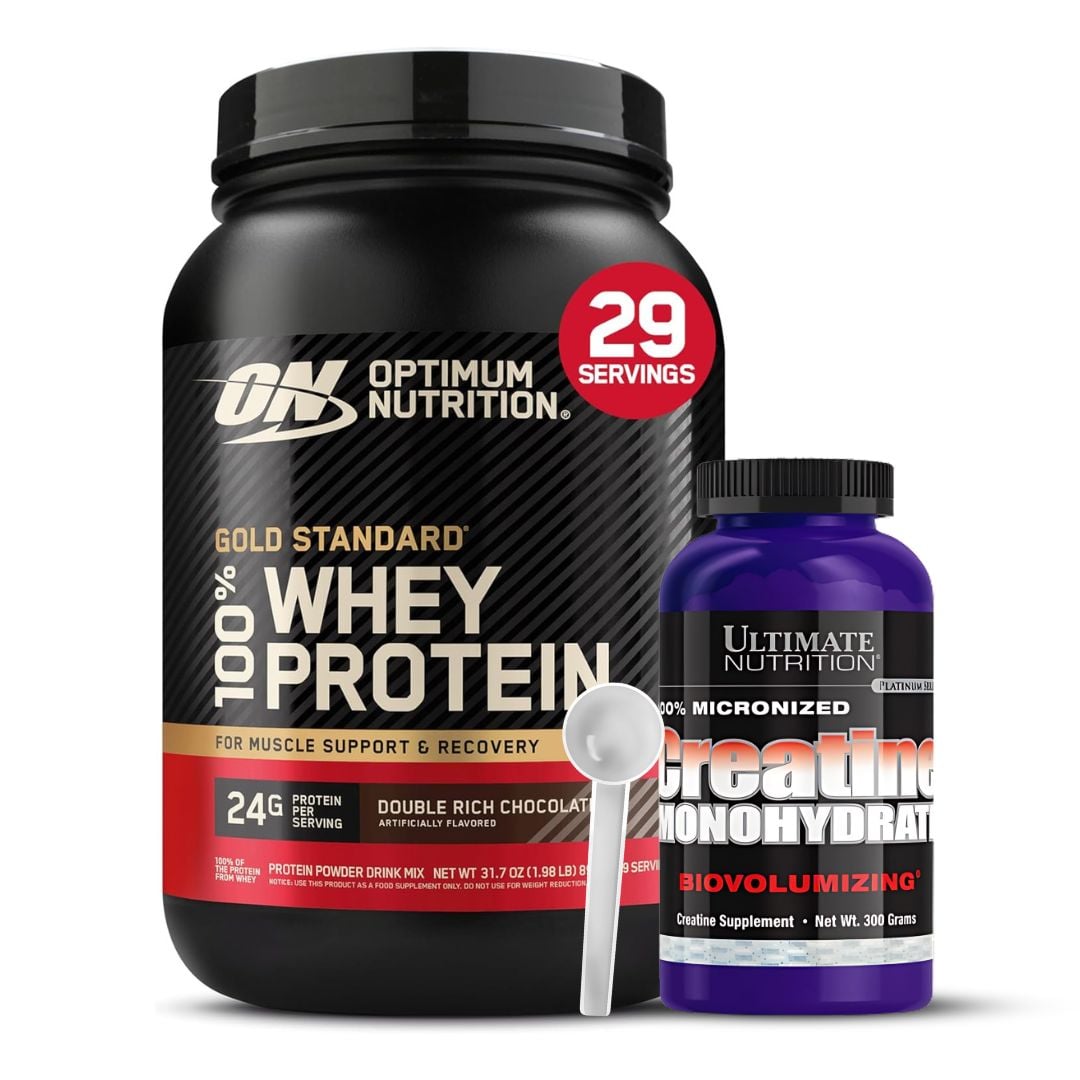PROTEINA GOLD STANDARD WHEY 2 LB - DOUBLE RICH CHOCOLATE + CREATINA ULTIMATE NUTRITION 300 G + SCOOP - 1