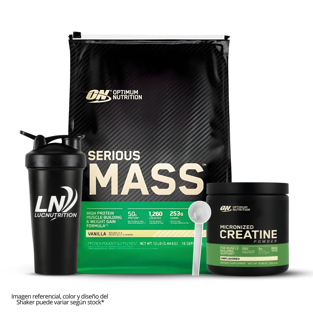 SERIOUS MASS 12 LB GANADOR DE MASA - VAINILLA + CREATINA OPTIMUM NUTRITION 300 G + SHAKER - 1