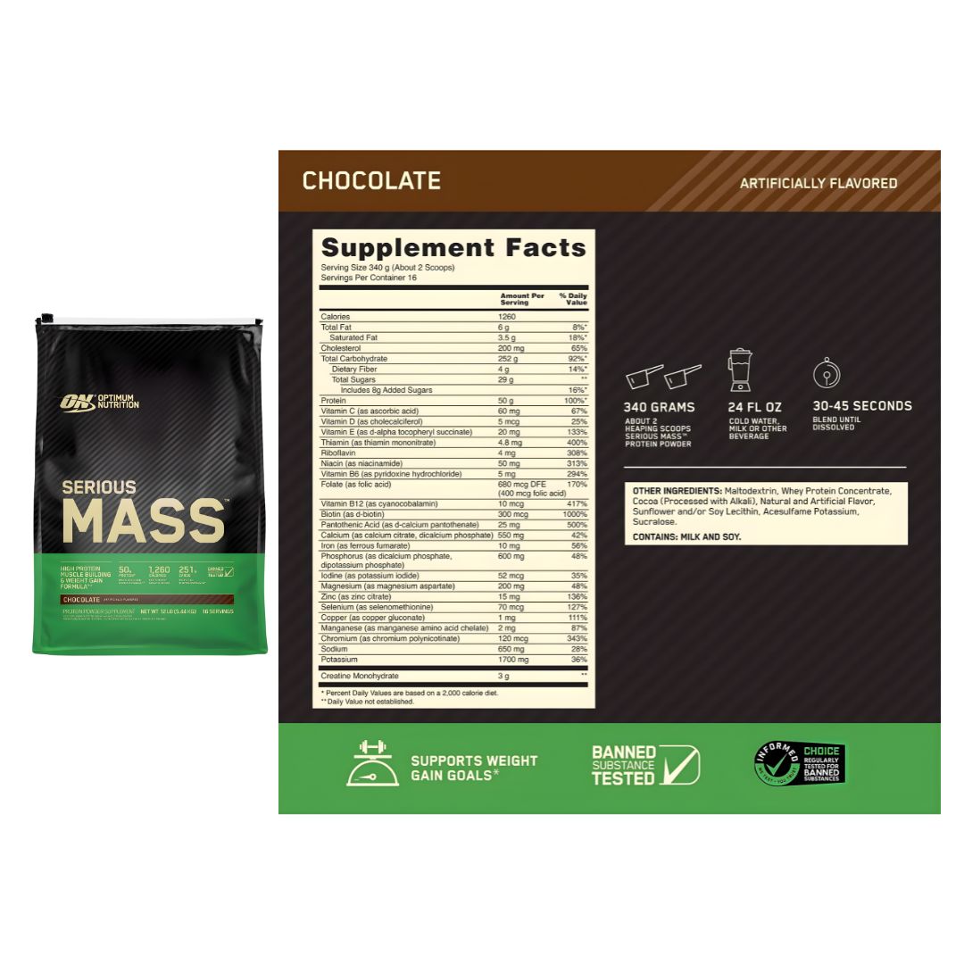 SERIOUS MASS 12 LB GANADOR DE MASA - CHOCOLATE + CREATINA UNIVERSE NUTRITION 250 G + SHAKER - 2