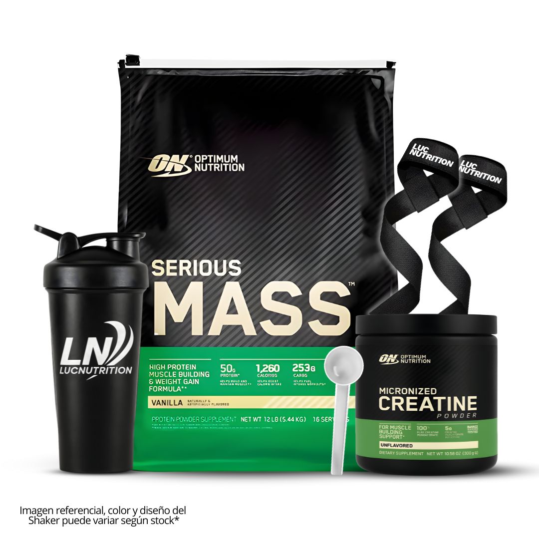 SERIOUS MASS 12 LB GANADOR DE MASA - VAINILLA + CREATINA OPTIMUM NUTRITION 300 G + SHAKER + STRAPS - 1