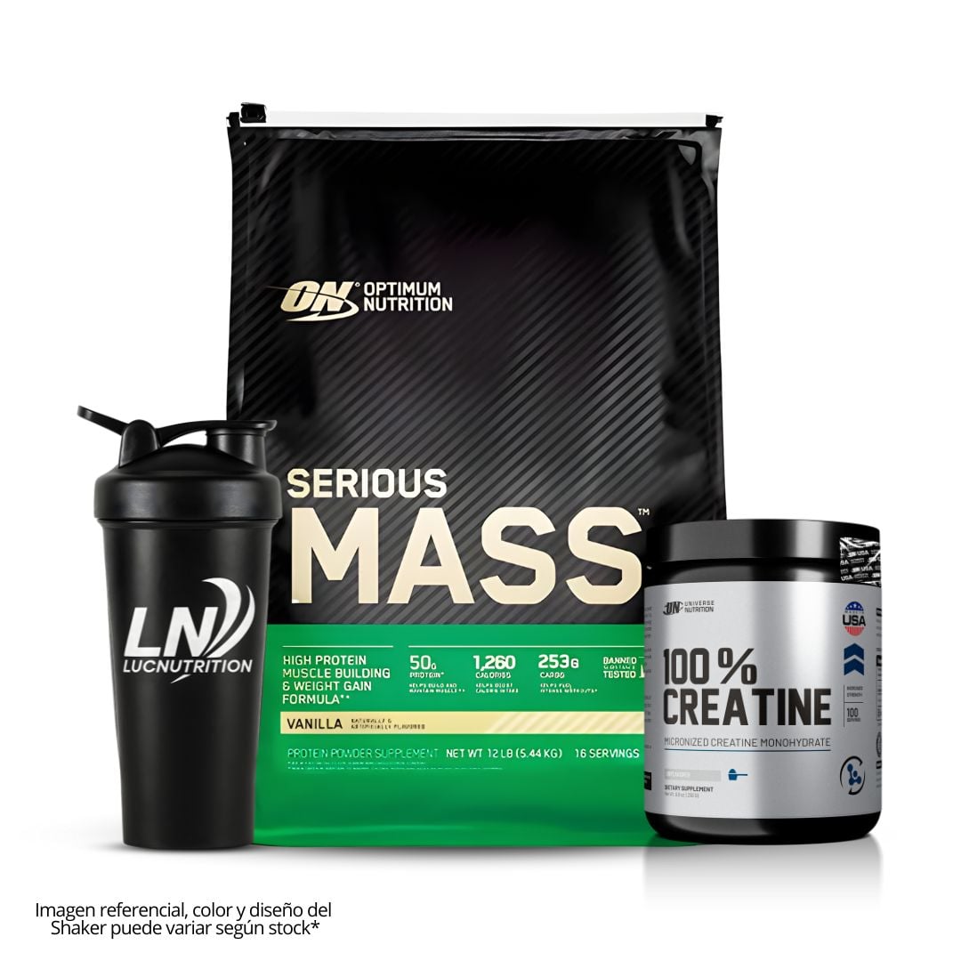 SERIOUS MASS 12 LB GANADOR DE MASA - VAINILLA + CREATINA UNIVERSE NUTRITION 250 G + SHAKER - 1