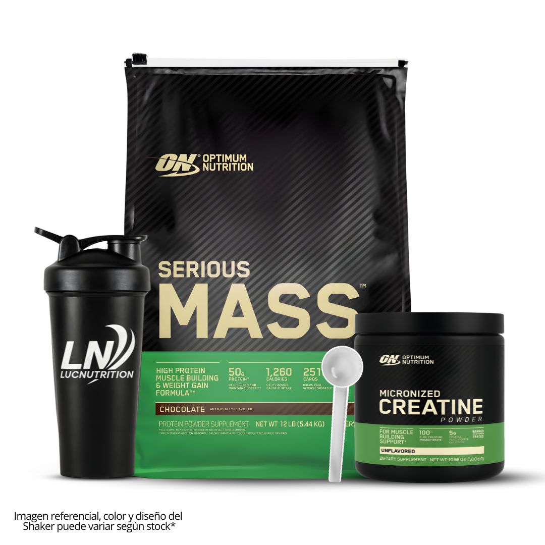 SERIOUS MASS 12 LB GANADOR DE MASA - CHOCOLATE + CREATINA OPTIMUM NUTRITION 300 G + SHAKER - 1