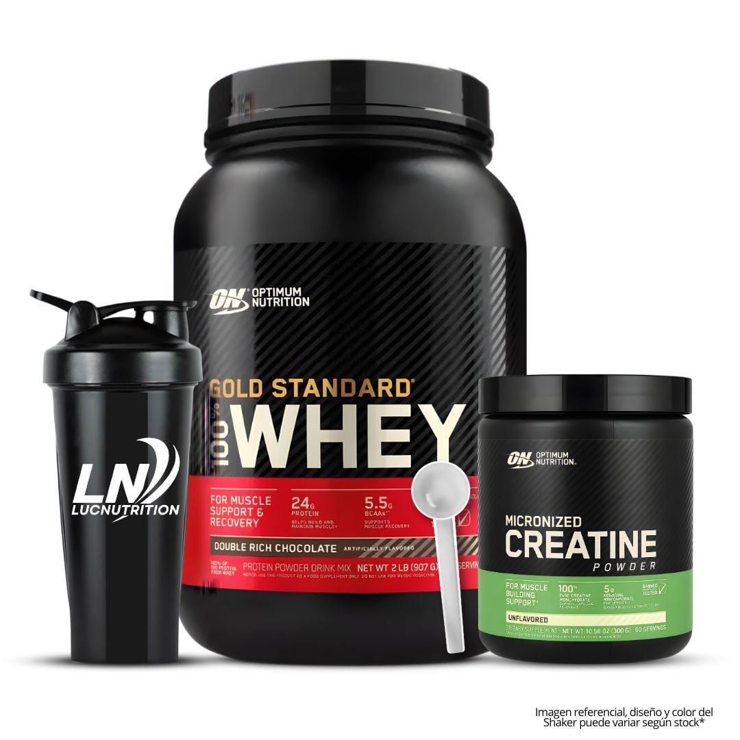 GOLD STANDARD WHEY 2 LB - DOUBLE RICH CHOCOLATE + CREATINA OPTIMUM NUTRITION 300 G + SHAKER + SCOOP - 1